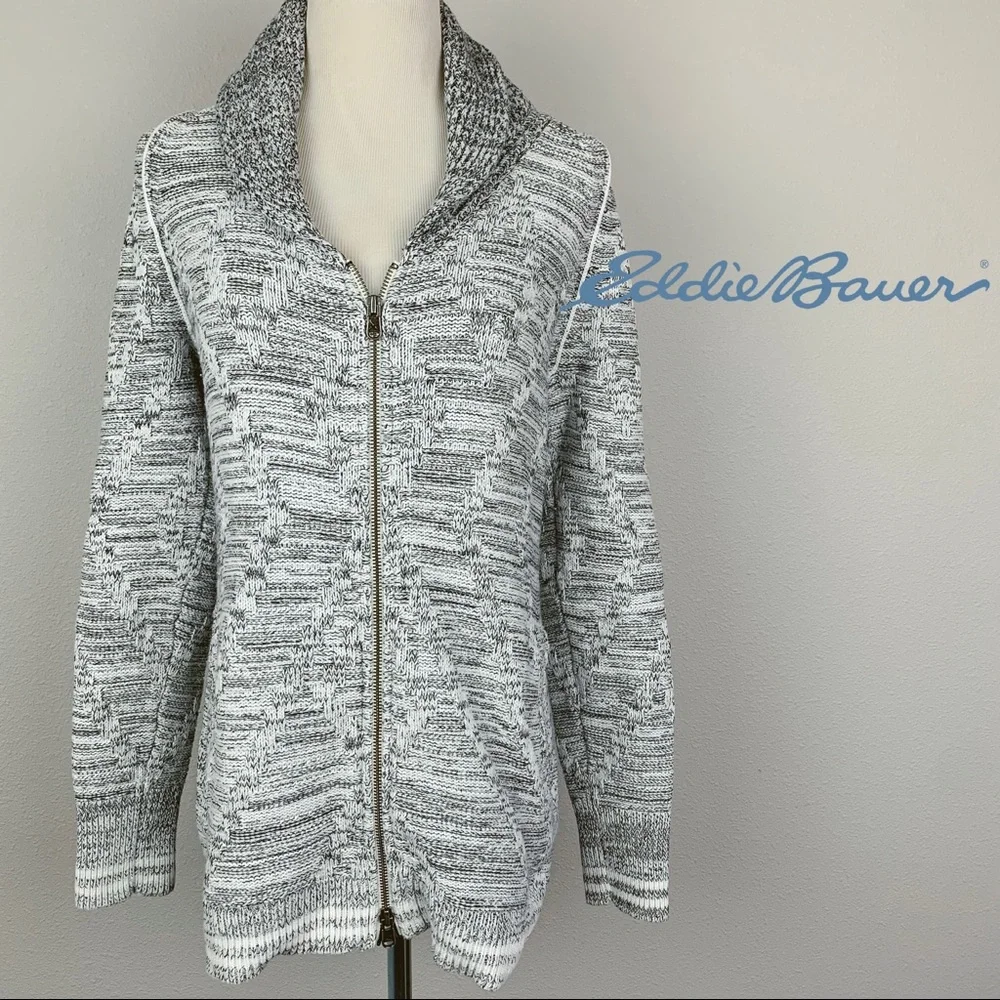 Eddie Bauer Womens Marled Gray Black Shawl Collar Zip Cardigan Sweater‎ M 9646